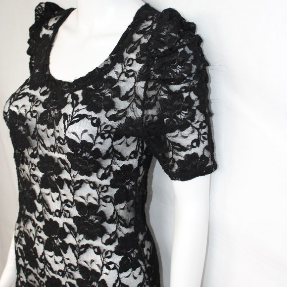 Twenty One Women's Top Lace 1/2 Sleeve Round Neck Black Medium - Picture 3 of 7